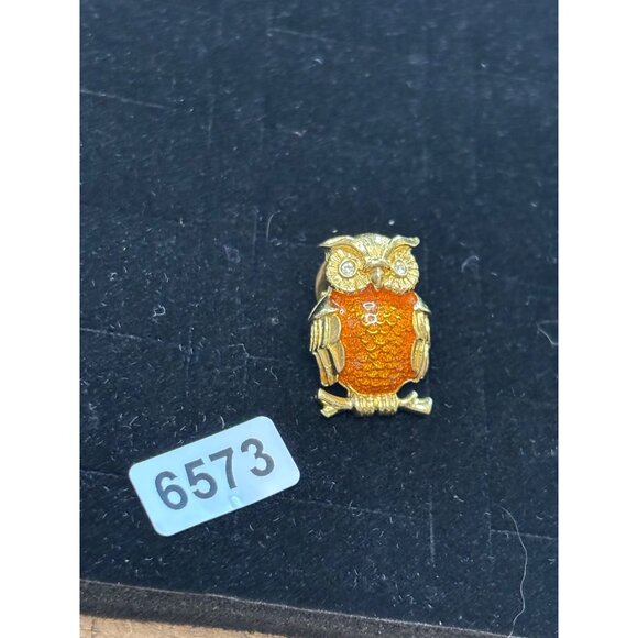 Vintage AVON  Gold-Tone & Orange Enamel Owl Brooch Pin With Rhinestone Eyes - Picture 2 of 5